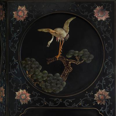 Large six panelled Chinese hardstone and lacquered folding screen