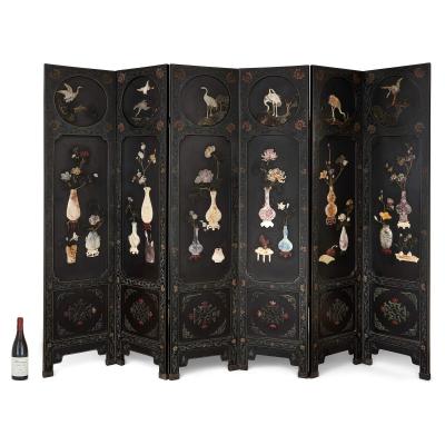 Large six panelled Chinese hardstone and lacquered folding screen