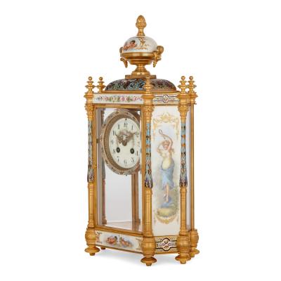 Large three piece porcelain champlev enamel and ormolu mounted clock set