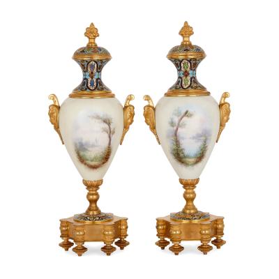 Large three piece porcelain champlev enamel and ormolu mounted clock set
