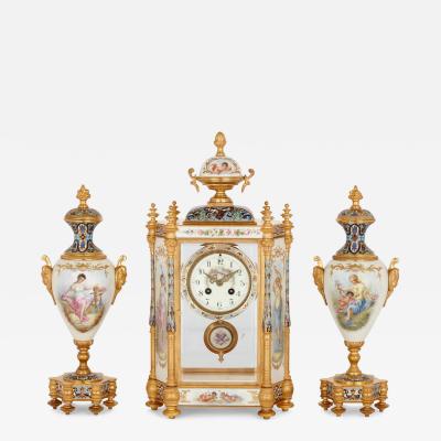 Large three piece porcelain champlev enamel and ormolu mounted clock set