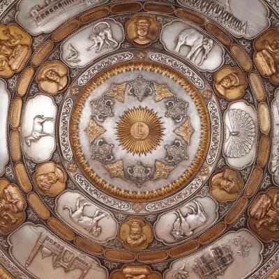 Large very fine and unique Indian gilt metal and silver sporting shield