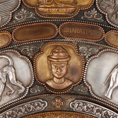 Large very fine and unique Indian gilt metal and silver sporting shield