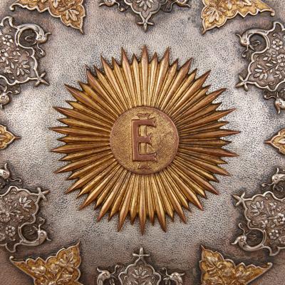 Large very fine and unique Indian gilt metal and silver sporting shield
