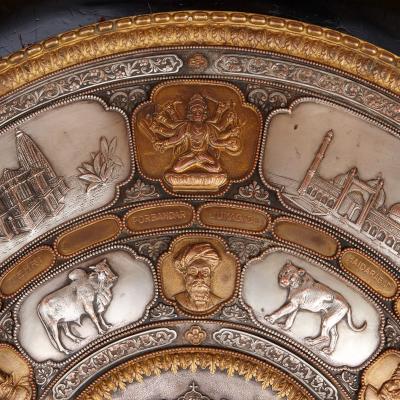 Large very fine and unique Indian gilt metal and silver sporting shield