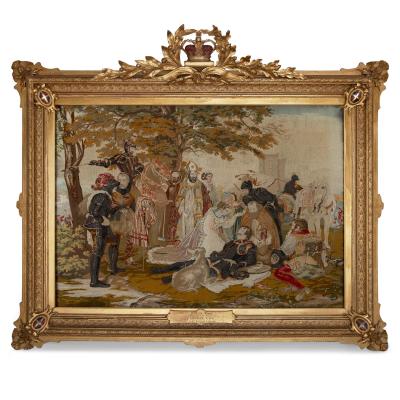 Large wool and glass beads needlework panel of Mary Queen of Scots