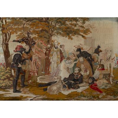 Large wool and glass beads needlework panel of Mary Queen of Scots