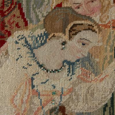 Large wool and glass beads needlework panel of Mary Queen of Scots