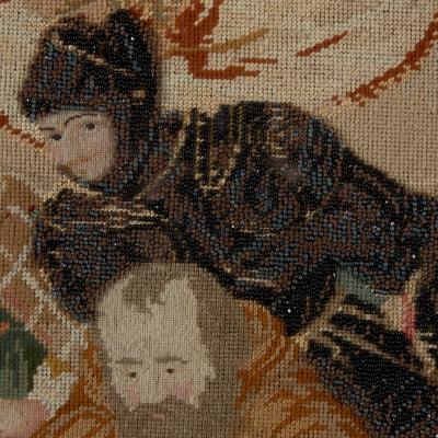 Large wool and glass beads needlework panel of Mary Queen of Scots