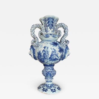 Late 18th Century Delft Style Bacchus Serpent Handled Vase