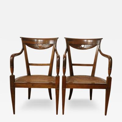 Late 18th Century Italian Directoire Solid Walnut and Vienna Sraw Armchairs