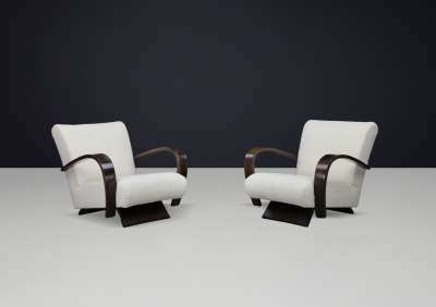 Late 1930s Italian unique pair of restored Rationalist lounge chairs