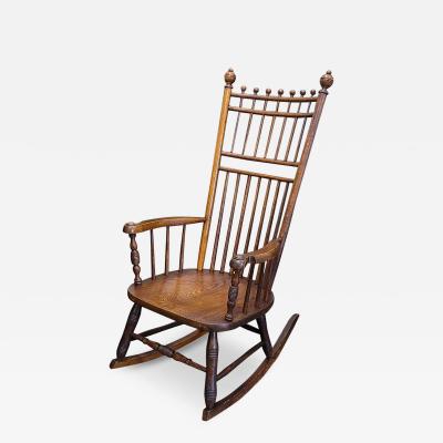 Late 19C English Oak Spindle back Ball Finial Rocker