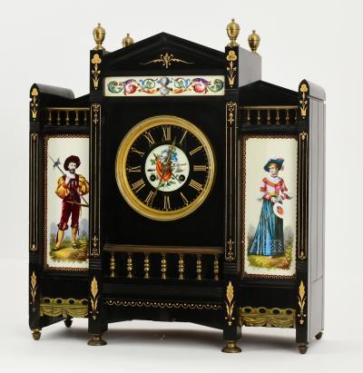 Late 19th Century Antique French Black Marble Hand Painted Clock Garniture Set
