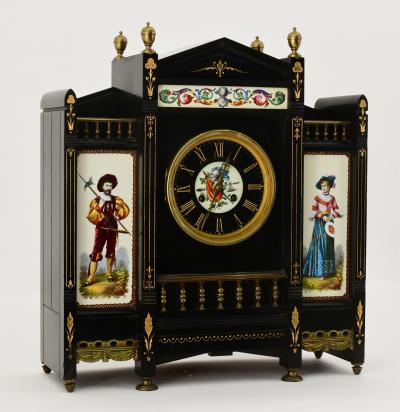 Late 19th Century Antique French Black Marble Hand Painted Clock Garniture Set