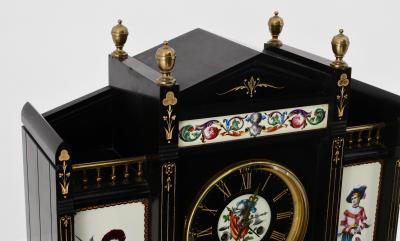 Late 19th Century Antique French Black Marble Hand Painted Clock Garniture Set