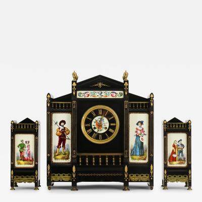Late 19th Century Antique French Black Marble Hand Painted Clock Garniture Set
