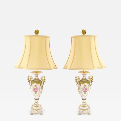 Late 19th Century Continental Hand Gilt Porcelain Two Handled Table Lamps