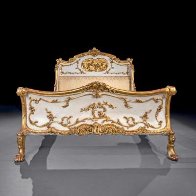 Late 19th Century French Rococo Style Painted and Parcel Gilt King Size Bed