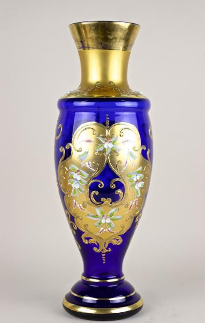 Late 19th Century Gilt Blue Glass Vase With Enamel Paintings CZ ca 1890