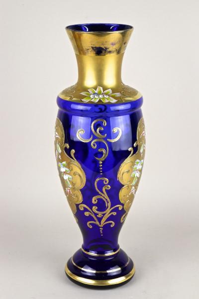 Late 19th Century Gilt Blue Glass Vase With Enamel Paintings CZ ca 1890
