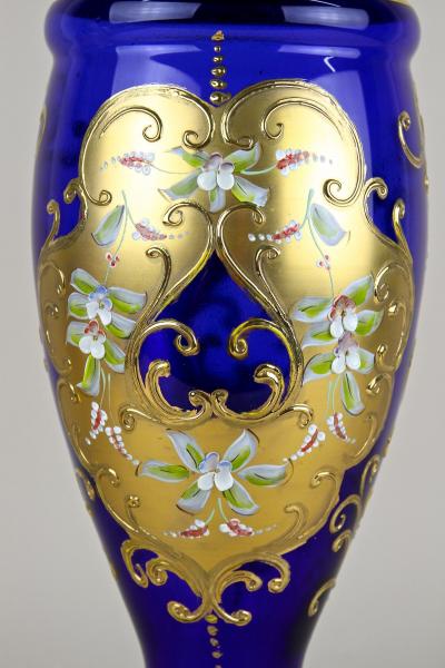 Late 19th Century Gilt Blue Glass Vase With Enamel Paintings CZ ca 1890