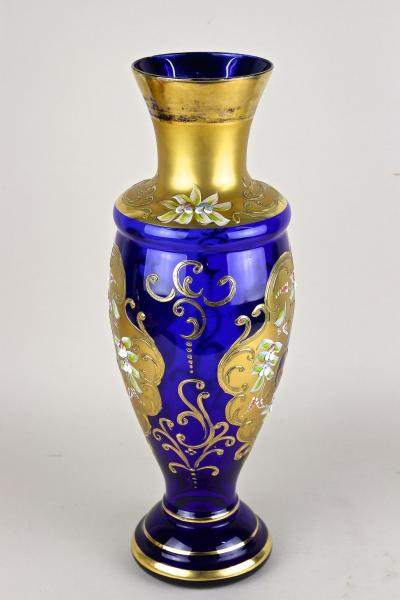 Late 19th Century Gilt Blue Glass Vase With Enamel Paintings CZ ca 1890