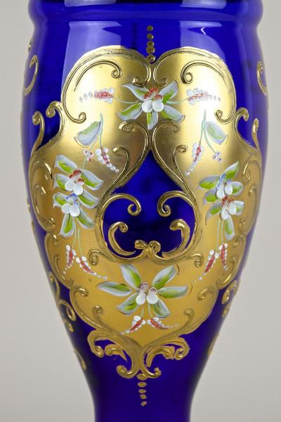 Late 19th Century Gilt Blue Glass Vase With Enamel Paintings CZ ca 1890