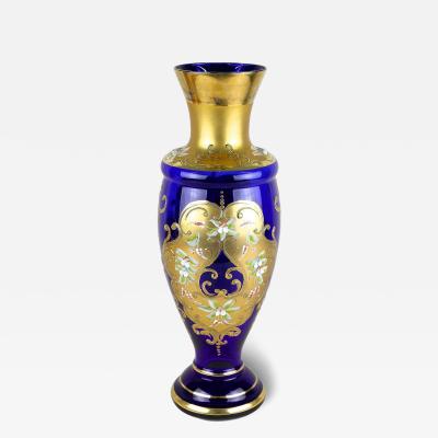 Late 19th Century Gilt Blue Glass Vase With Enamel Paintings CZ ca 1890