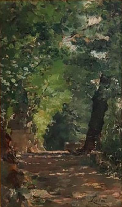 Late 19th Century Italian Oil Painting on Board Path in the Woods Signed