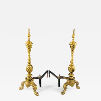 Late 19th Century Large Georgian English Brass Andirons a Pair