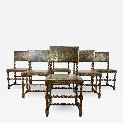 Late 19th Century Set of Six Baroque Style Dining Chairs With Gilt Leather