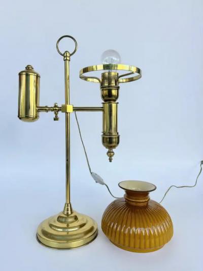 Late 19th Early 20th Century Brass Glass Library Lamp with Glass Shade