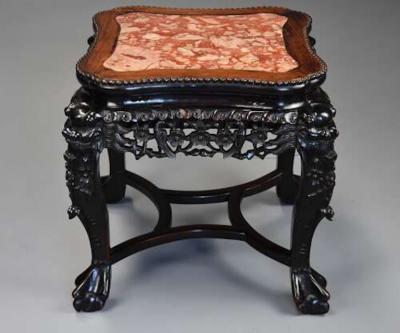 Late 19th century Chinese hardwood pot stand with shaped marble inset top
