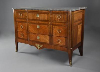 Late 19th century French Louis XVI style tulipwood breakfront commode