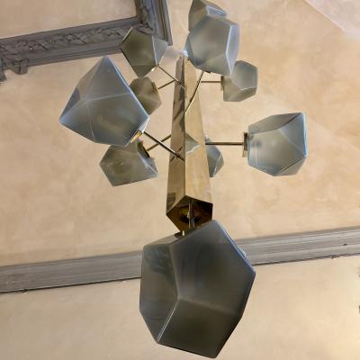 Late 20th Century Brass and Grey Murano Glass Polyhedrons Pendant Chandelier