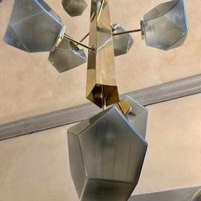 Late 20th Century Brass and Grey Murano Glass Polyhedrons Pendant Chandelier