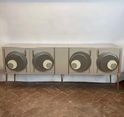 Late 20th Century Italian Beige Opaline Glass w Glass Brass Details Sideboard