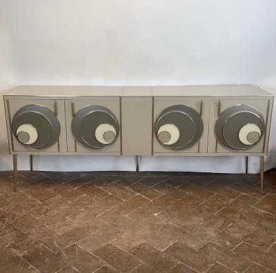 Late 20th Century Italian Beige Opaline Glass w Glass Brass Details Sideboard