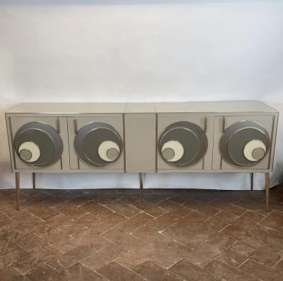 Late 20th Century Italian Beige Opaline Glass w Glass Brass Details Sideboard
