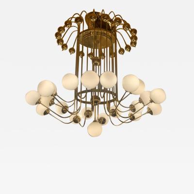 Late 20th Century Italian Bistrot Brass Chandelier w White Opaline Glass Globes