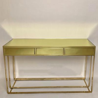 Late 20th Century Italian Brass Lemon Yellow Mirror Console w Three Drawers