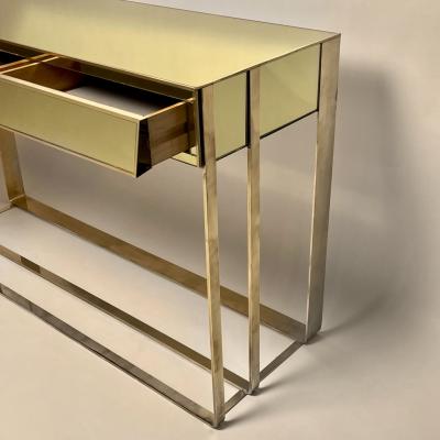 Late 20th Century Italian Brass Lemon Yellow Mirror Console w Three Drawers