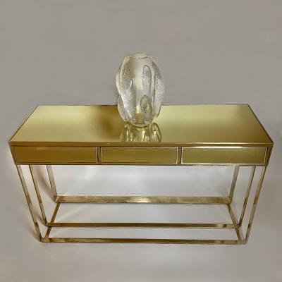 Late 20th Century Italian Brass Lemon Yellow Mirror Console w Three Drawers