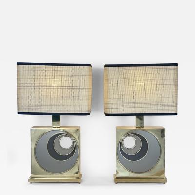 Late 20th Century Italian Pair of Brass Multicolored Opaline Glass Table Lamps