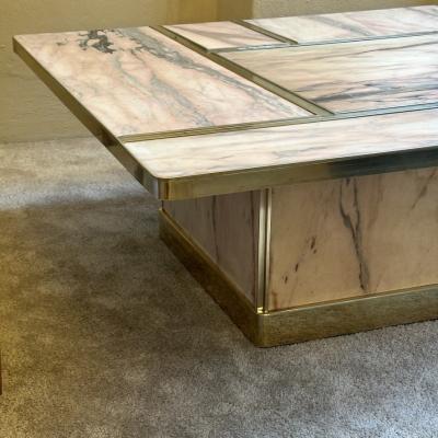Late 20th Century Italian Square Brass w Mirror Pink Onyx Top Coffee Table