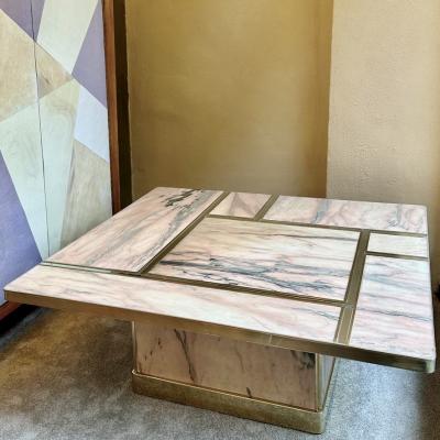 Late 20th Century Italian Square Brass w Mirror Pink Onyx Top Coffee Table