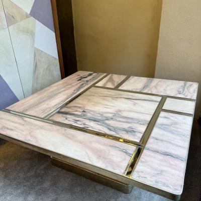 Late 20th Century Italian Square Brass w Mirror Pink Onyx Top Coffee Table