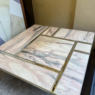 Late 20th Century Italian Square Brass w Mirror Pink Onyx Top Coffee Table