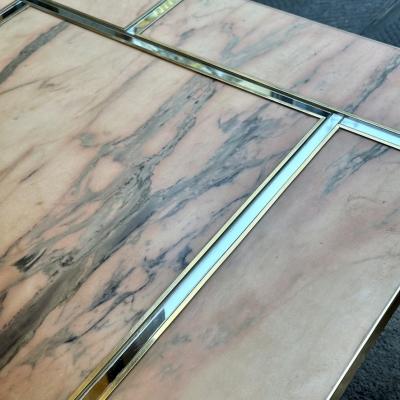 Late 20th Century Italian Square Brass w Mirror Pink Onyx Top Coffee Table
